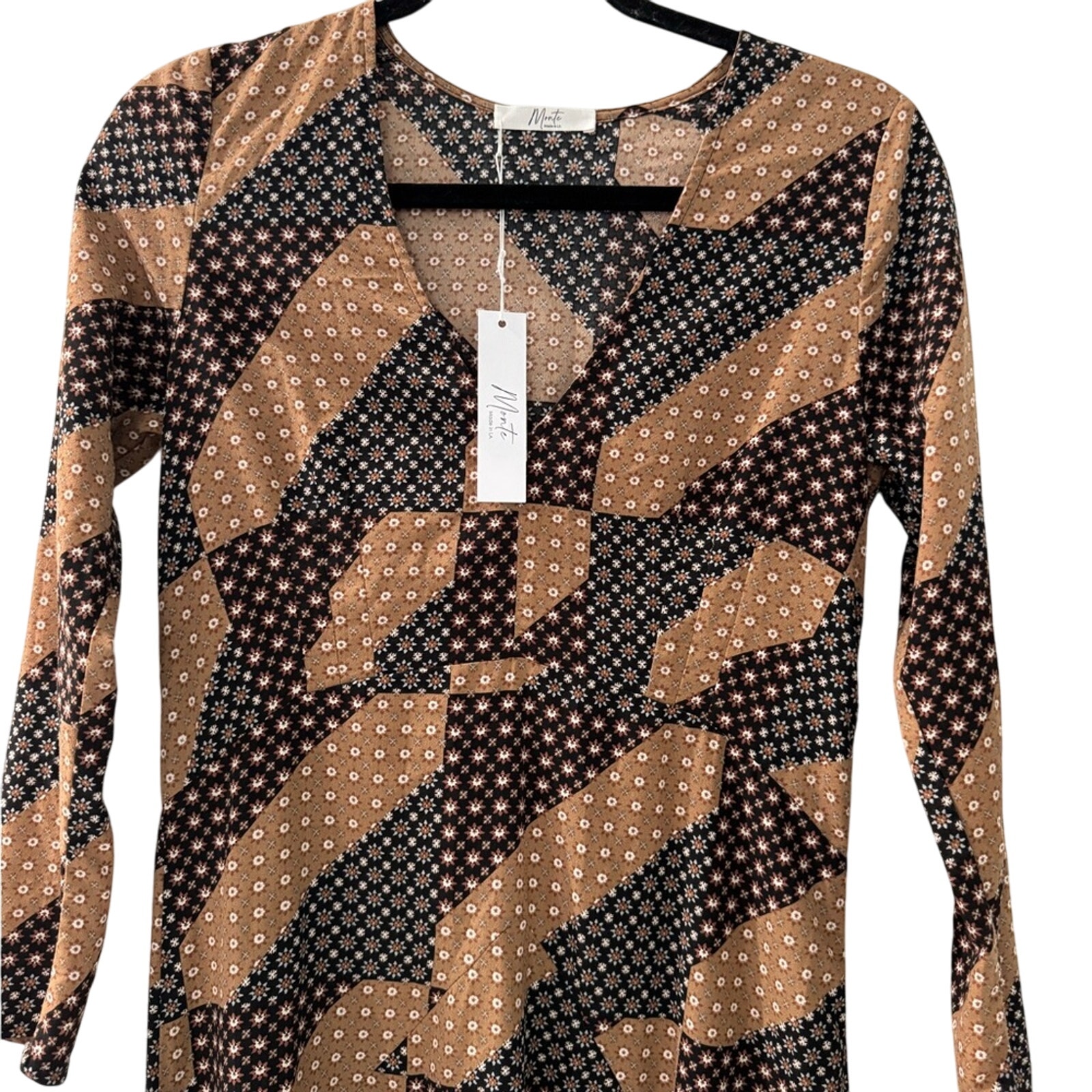 New Monte La Tribeca Mocha Patchwork Print Midi Dress S Artsy Beachy Nwt Boho — image 2 of 3